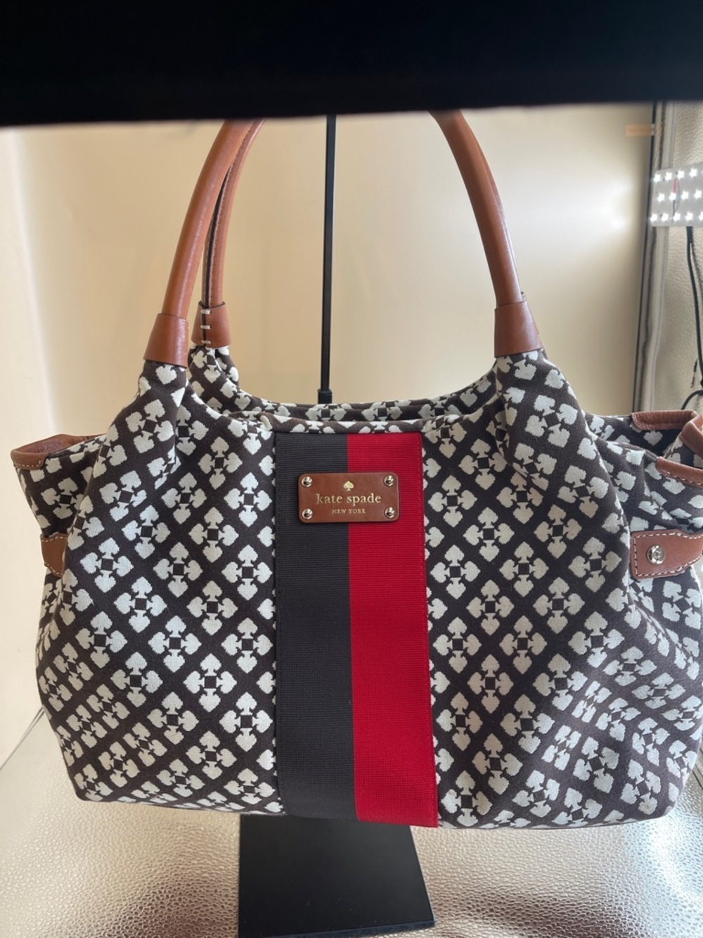 kate spade Black, White & Red Patterned Tote with Tan Leather  Quality and Style